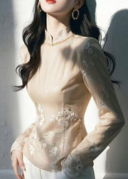Chinese Style Apricot Stand Collar Embroidered Slim Tulle Top Fall