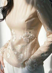 Chinese Style Apricot Stand Collar Embroidered Slim Tulle Top Fall