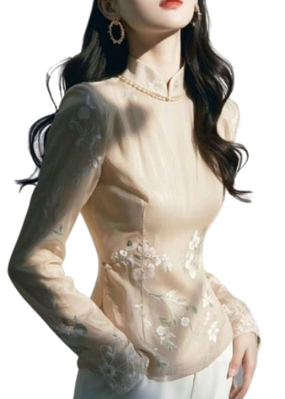 Chinese Style Apricot Stand Collar Embroidered Slim Tulle Top Fall