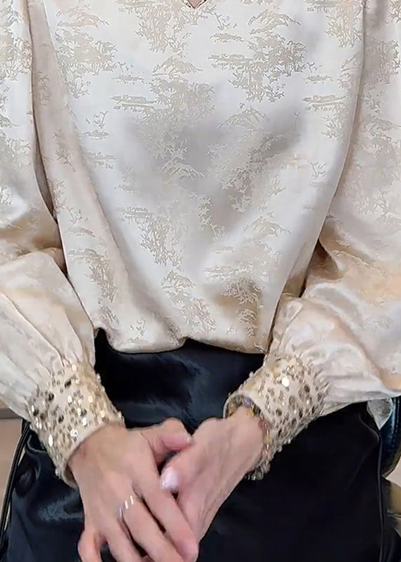 Chinese Style Apricot V Neck Silk Top Fall