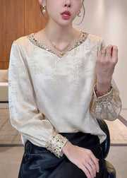 Chinese Style Apricot V Neck Silk Top Fall