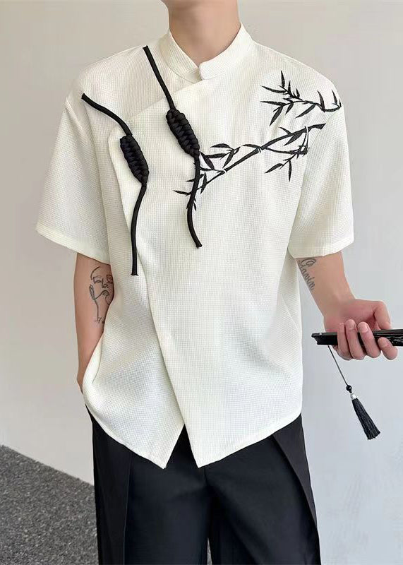 Chinese Style Beige Asymmetrical Print Cotton Men Shirts Summer