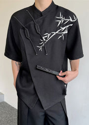 Chinese Style Beige Asymmetrical Print Cotton Men Shirts Summer