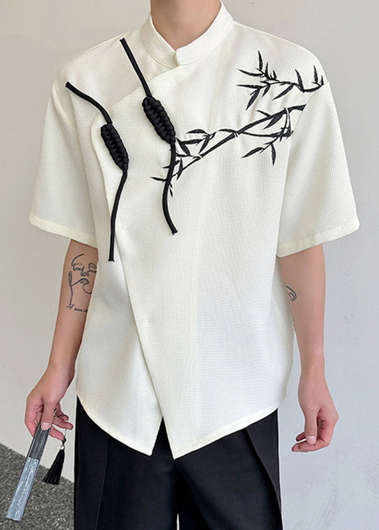 Chinese Style Beige Asymmetrical Print Cotton Men Shirts Summer
