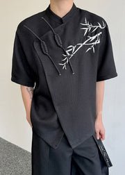 Chinese Style Beige Asymmetrical Print Cotton Men Shirts Summer