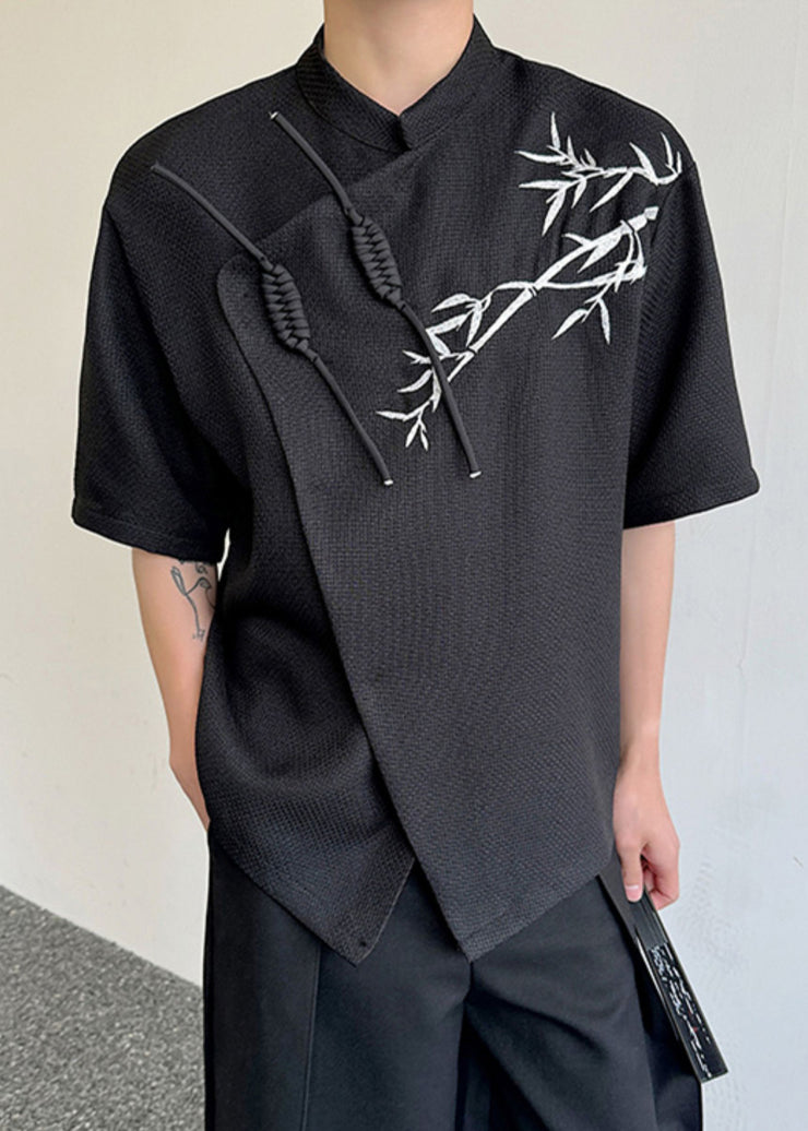 Chinese Style Beige Asymmetrical Print Cotton Men Shirts Summer