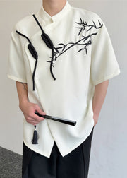 Chinese Style Beige Asymmetrical Print Cotton Men Shirts Summer