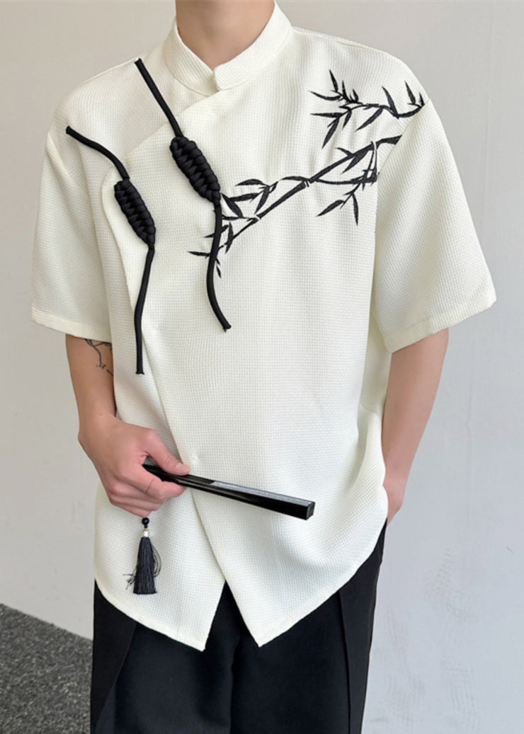 Chinese Style Beige Asymmetrical Print Cotton Men Shirts Summer