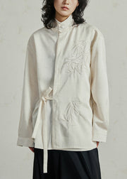 Chinese Style Beige Stand Collar Button Shirt Fall