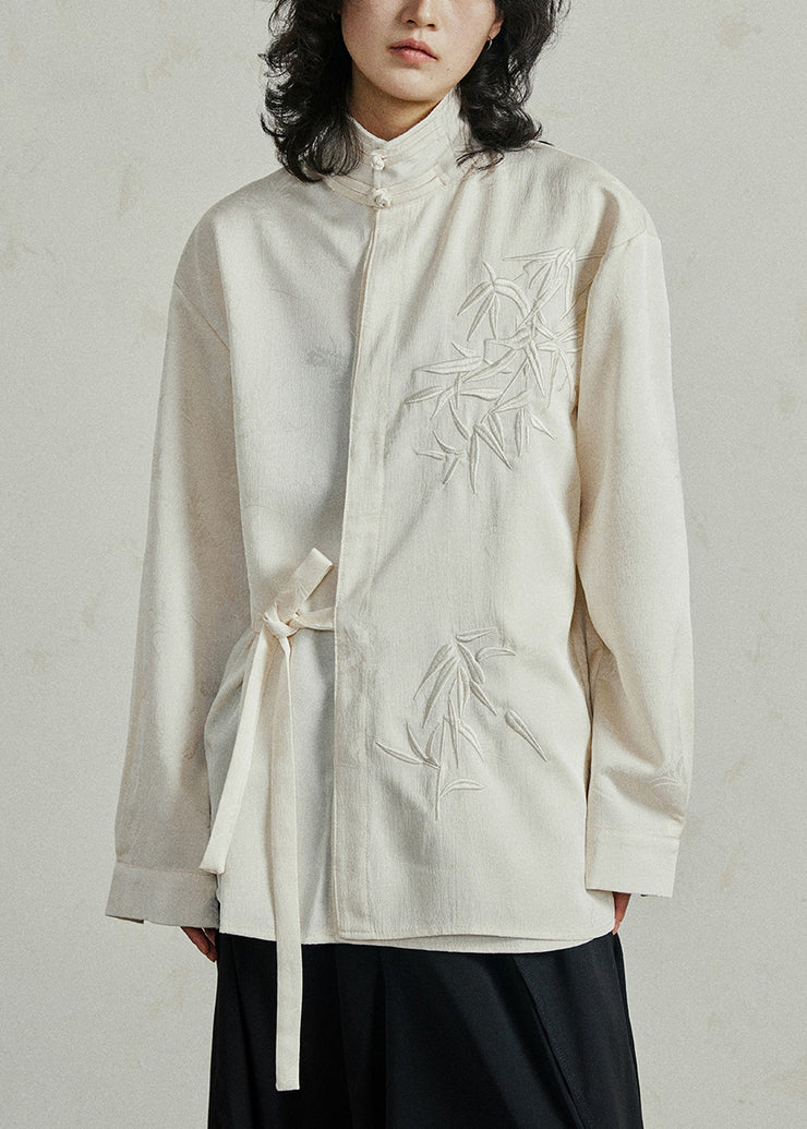 Chinese Style Beige Stand Collar Button Shirt Fall