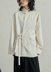 Chinese Style Beige Stand Collar Button Shirt Fall