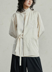 Chinese Style Beige Stand Collar Button Shirt Fall