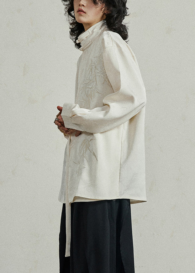 Chinese Style Beige Stand Collar Button Shirt Fall