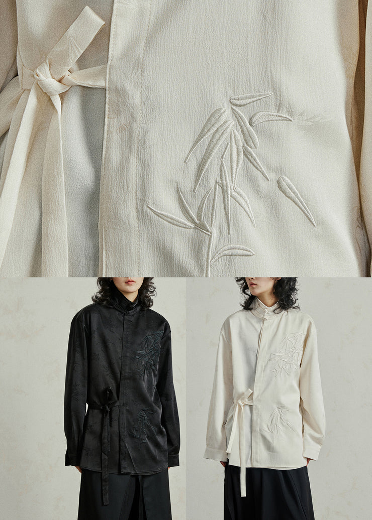 Chinese Style Beige Stand Collar Button Shirt Fall