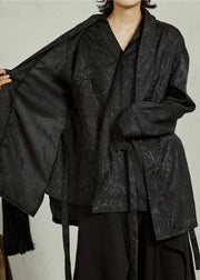 Chinese Style Black Asymmetrical Bamboo Leaf Fake Two Pieces Shirt Fall