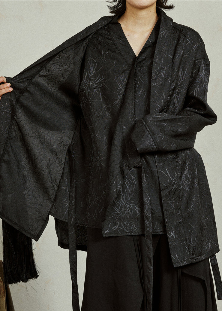 Chinese Style Black Asymmetrical Bamboo Leaf Fake Two Pieces Shirt Fall