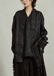 Chinese Style Black Asymmetrical Bamboo Leaf Fake Two Pieces Shirt Fall