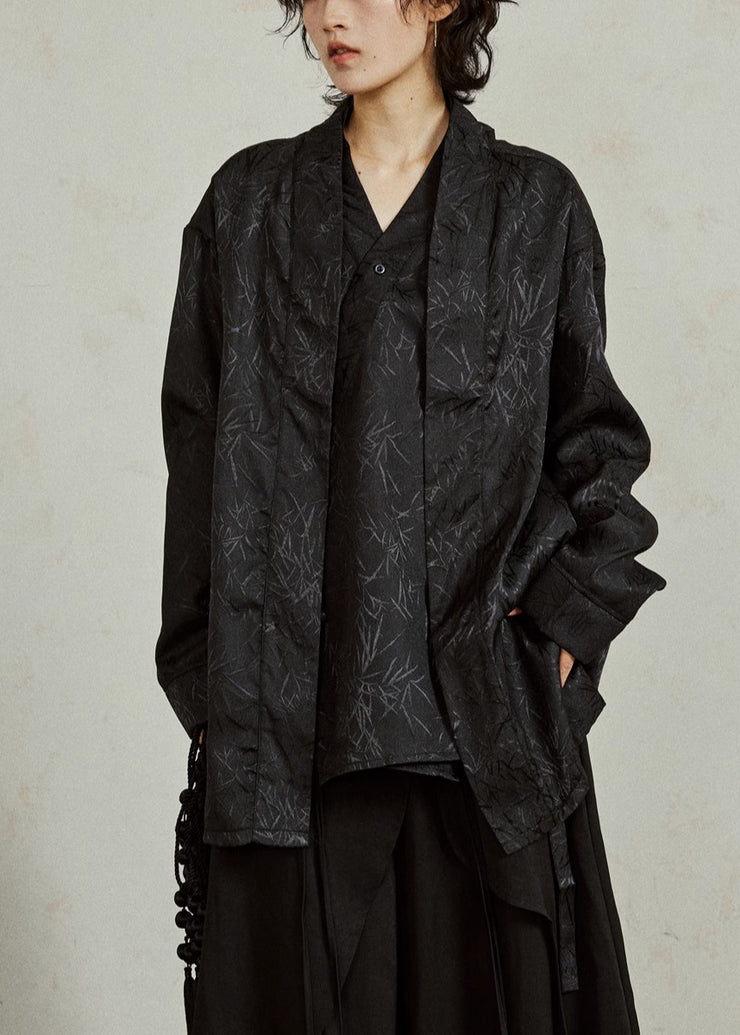 Chinese Style Black Asymmetrical Bamboo Leaf Fake Two Pieces Shirt Fall