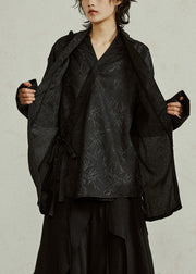 Chinese Style Black Asymmetrical Bamboo Leaf Fake Two Pieces Shirt Fall