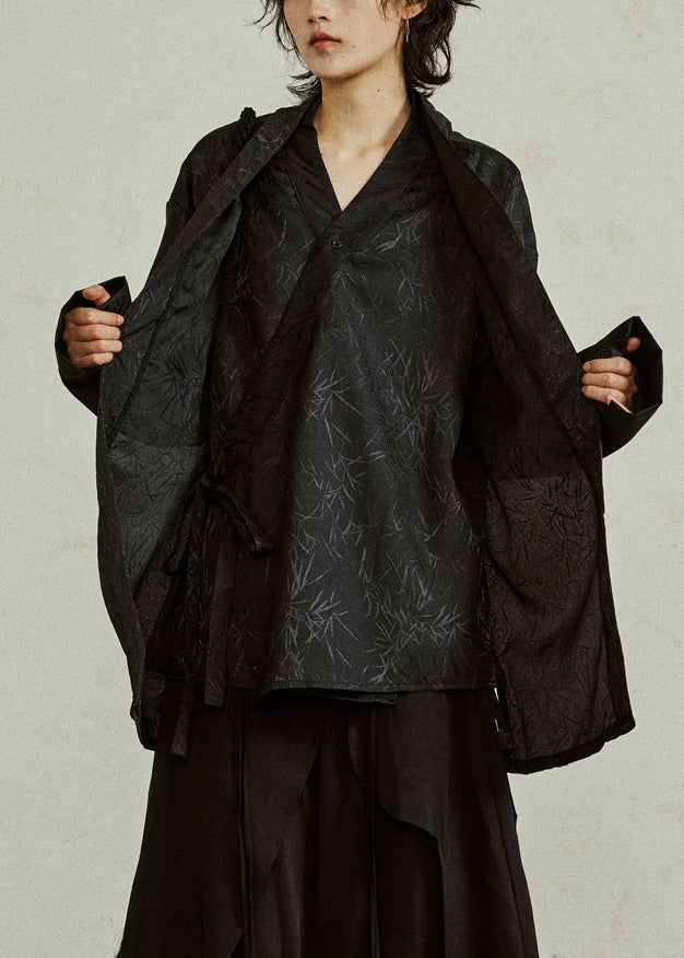 Chinese Style Black Asymmetrical Bamboo Leaf Fake Two Pieces Shirt Fall