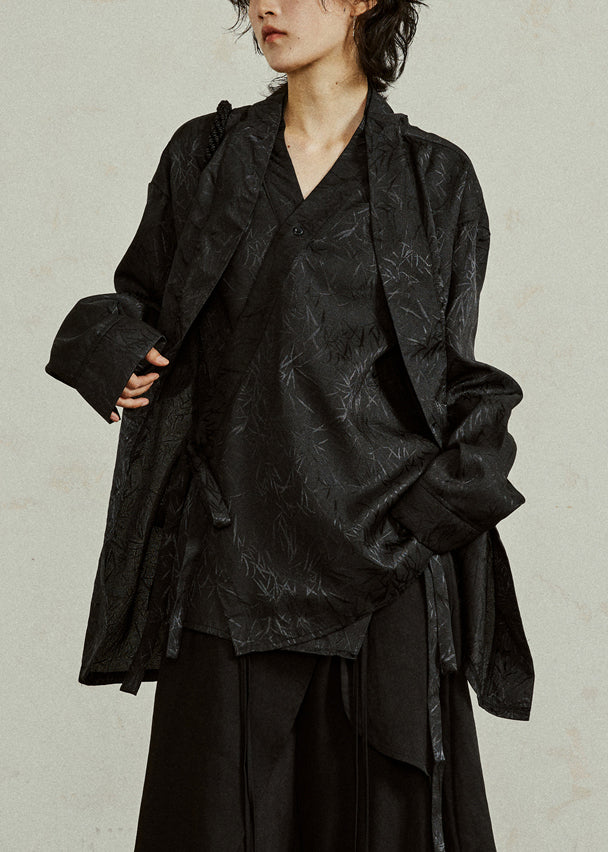 Chinese Style Black Asymmetrical Bamboo Leaf Fake Two Pieces Shirt Fall