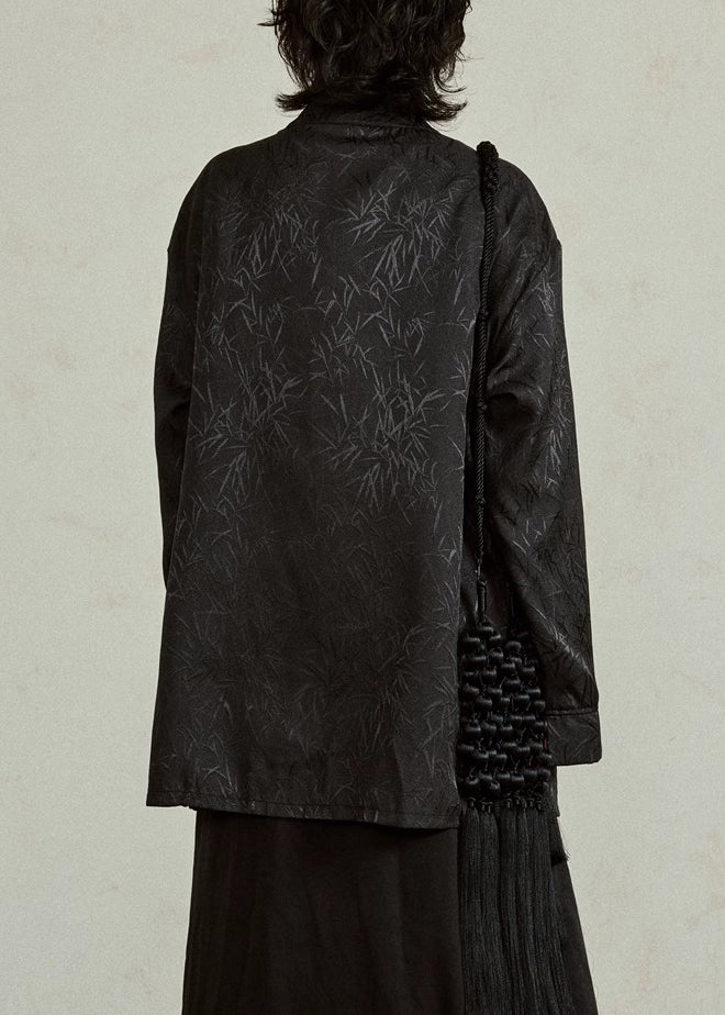 Chinese Style Black Asymmetrical Bamboo Leaf Fake Two Pieces Shirt Fall