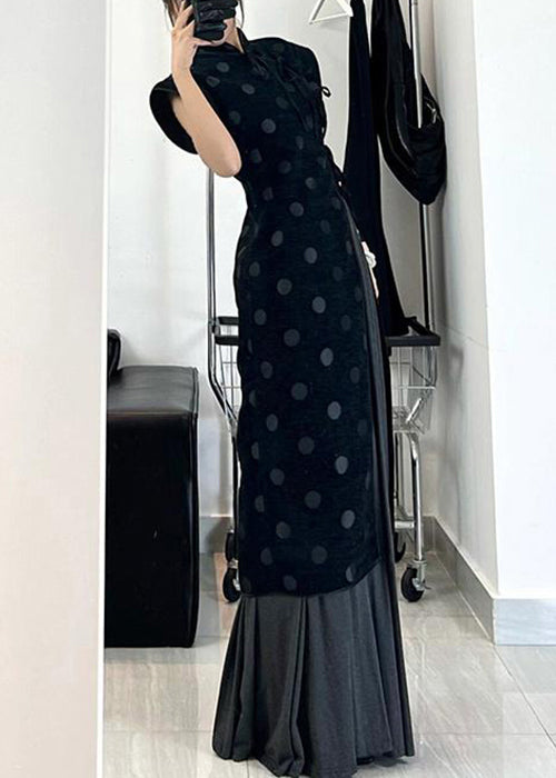 Chinese Style Black Asymmetrical Lace Up Cotton Dress Summer