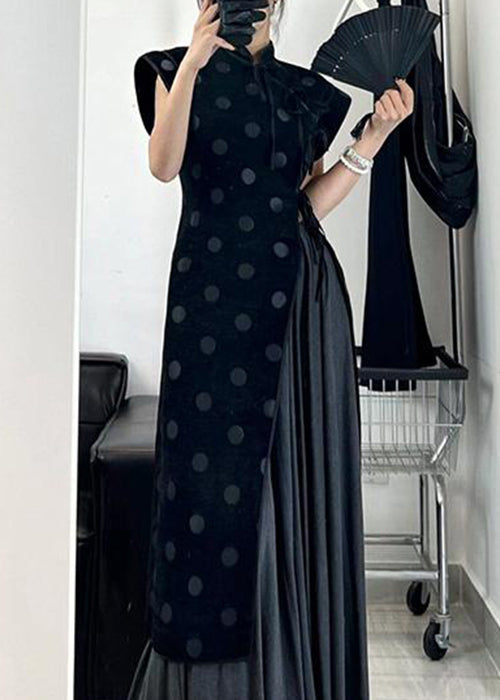 Chinese Style Black Asymmetrical Lace Up Cotton Dress Summer
