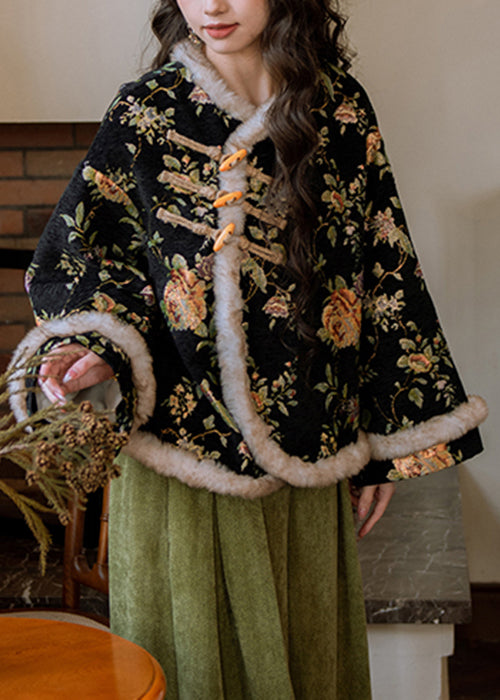 Chinese Style Black Button Patchwork Warm Fleece Parka Winter