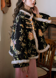 Chinese Style Black Button Patchwork Warm Fleece Parka Winter