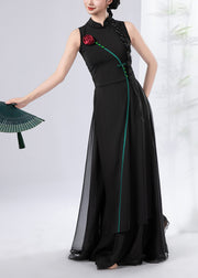 Chinese Style Black Chiffon Oriental Dancewear Two Piece Suit Set Sleeveless
