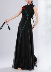 Chinese Style Black Chiffon Oriental Dancewear Two Piece Suit Set Sleeveless