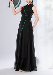 Chinese Style Black Chiffon Oriental Dancewear Two Piece Suit Set Sleeveless