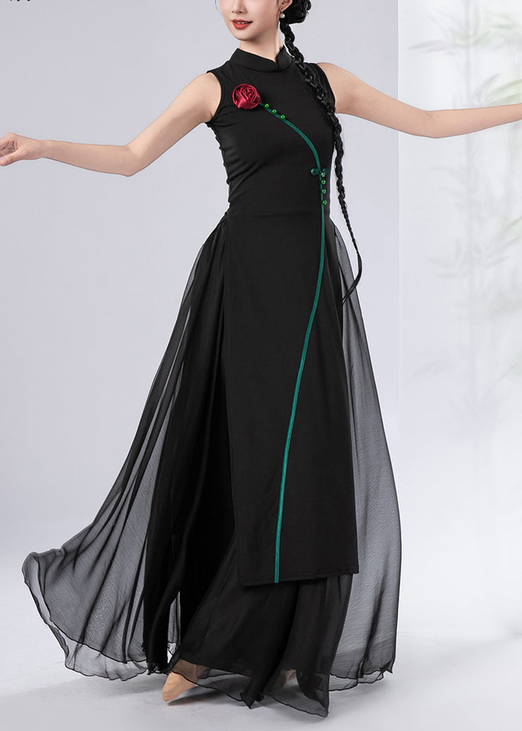 Chinese Style Black Chiffon Oriental Dancewear Two Piece Suit Set Sleeveless