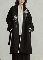 Chinese Style Black Embroidered Tie Waist Woolen Maxi Coats Fall