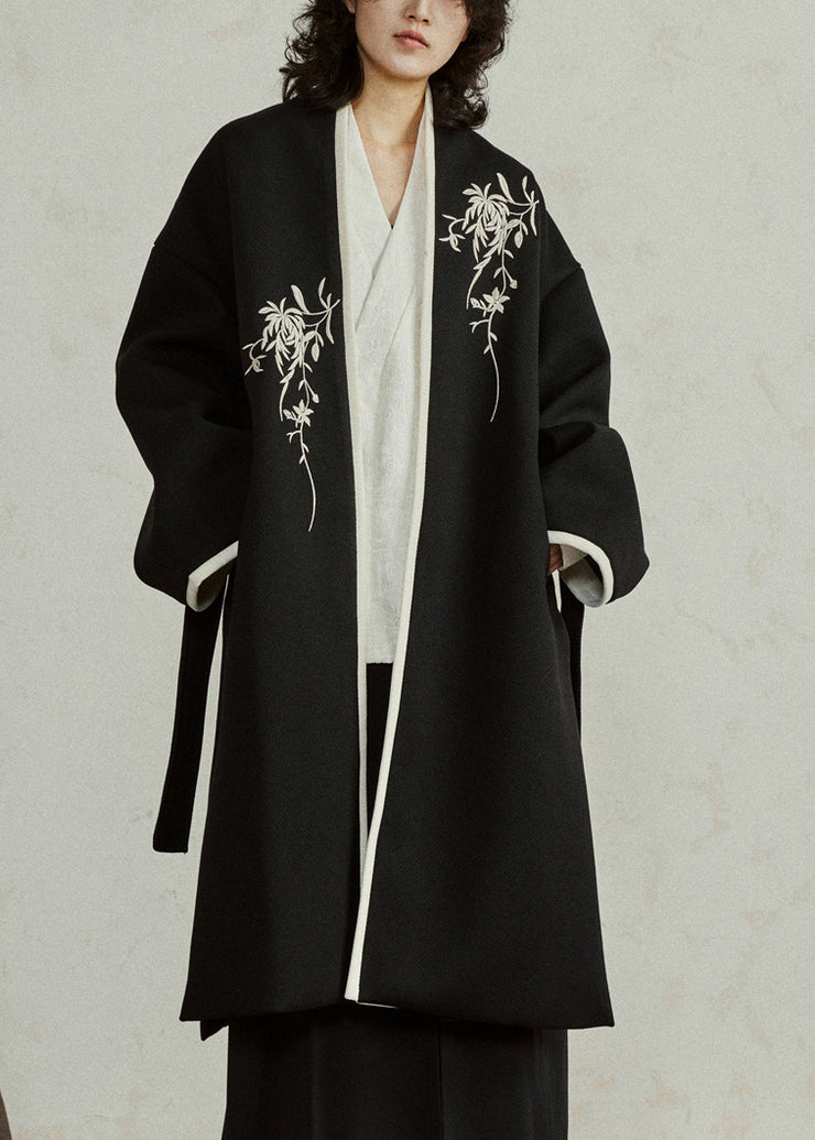 Chinese Style Black Embroidered Tie Waist Woolen Maxi Coats Fall