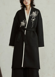 Chinese Style Black Embroidered Tie Waist Woolen Maxi Coats Fall