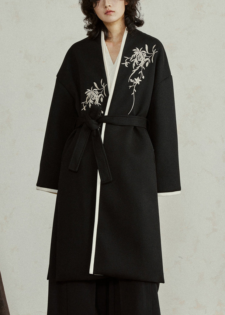 Chinese Style Black Embroidered Tie Waist Woolen Maxi Coats Fall