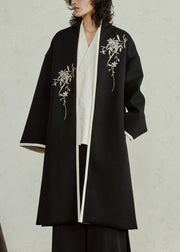 Chinese Style Black Embroidered Tie Waist Woolen Maxi Coats Fall