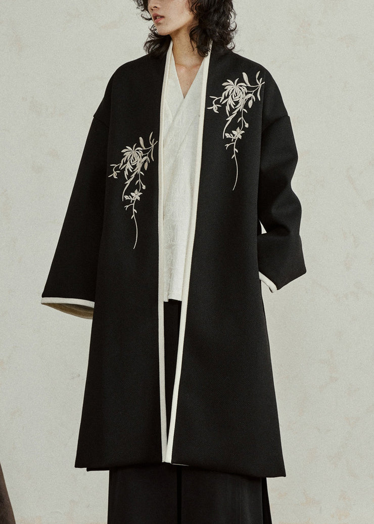 Chinese Style Black Embroidered Tie Waist Woolen Maxi Coats Fall