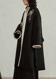 Chinese Style Black Embroidered Tie Waist Woolen Maxi Coats Fall
