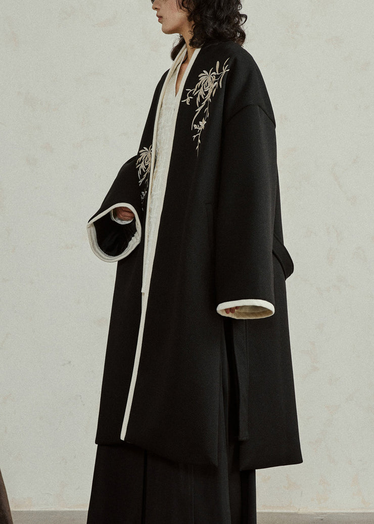 Chinese Style Black Embroidered Tie Waist Woolen Maxi Coats Fall