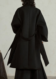 Chinese Style Black Embroidered Tie Waist Woolen Maxi Coats Fall