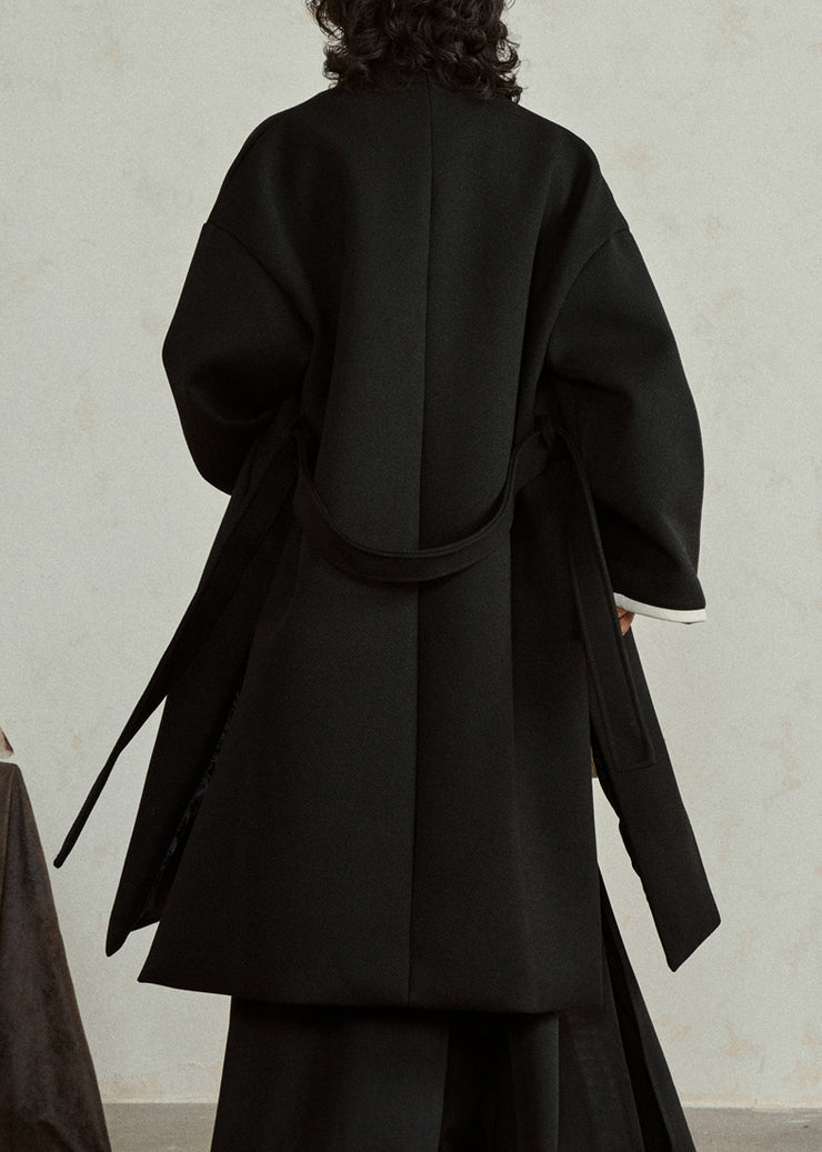 Chinese Style Black Embroidered Tie Waist Woolen Maxi Coats Fall