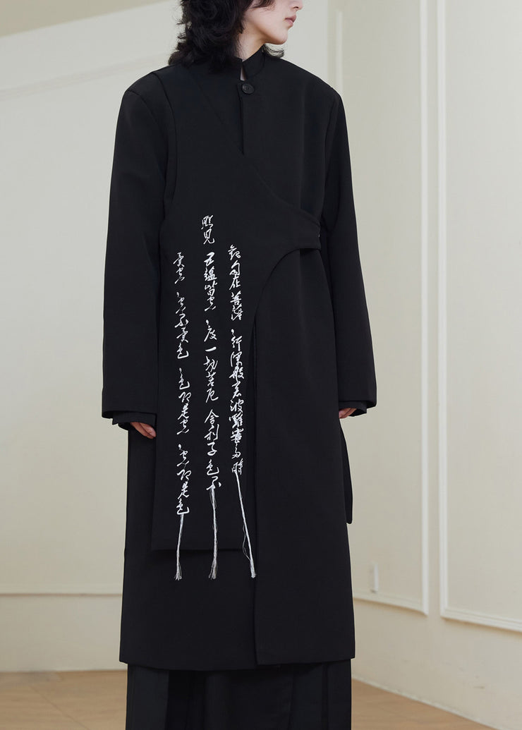 Chinese Style Black Graphic Embroidered Tassel Maxi Coat Fall