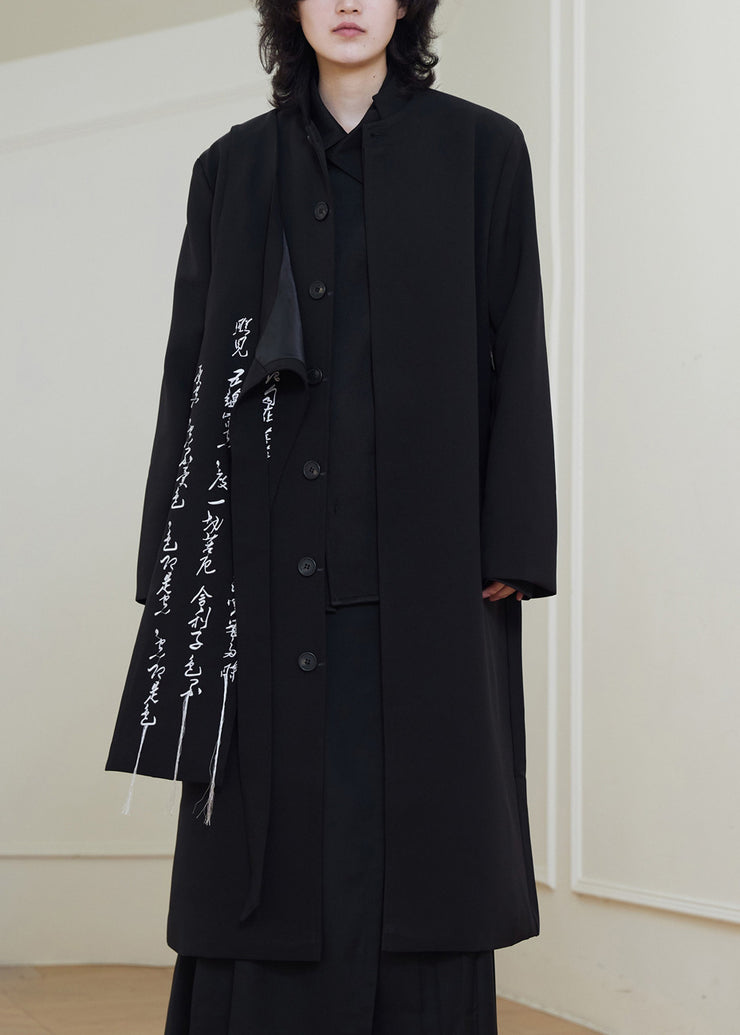 Chinese Style Black Graphic Embroidered Tassel Maxi Coat Fall