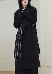 Chinese Style Black Graphic Embroidered Tassel Maxi Coat Fall