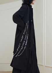 Chinese Style Black Graphic Embroidered Tassel Maxi Coat Fall