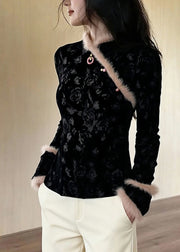 Chinese Style Black Jacquard Patchwork Faux Fur Blouses Winter