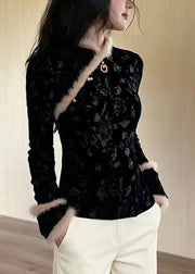 Chinese Style Black Jacquard Patchwork Faux Fur Blouses Winter